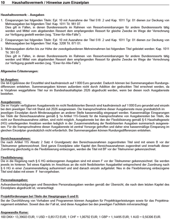 Beispiel 2 zeigt Haushaltsvermerke und allgemeine Erl�uterungen zu einem Einzelplan. In den allgemeinen Erl�uterungen sind Informationen zu den Ist-Angaben, den Ausgaberesten, der Flexibilisierung, den Personalausgaben und den Angewandten Wechselkursen aufgef�hrt.
